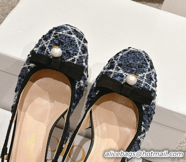 Best Price Dior Ballet Slingback Pumps 3cm in Quilted Cannage Tweed with Pearl Bow Blue 0822022