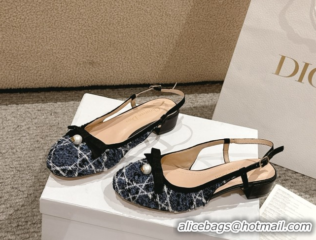 Best Price Dior Ballet Slingback Pumps 3cm in Quilted Cannage Tweed with Pearl Bow Blue 0822022