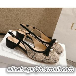 Top Grade Dior Ballet Slingback Pumps 3cm in Cannage Tweed with Pearl Bow Beige/Black 0822023