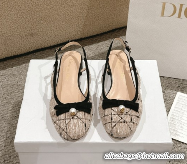 Top Grade Dior Ballet Slingback Pumps 3cm in Cannage Tweed with Pearl Bow Beige/Black 0822023