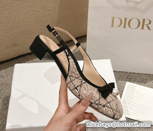 Top Grade Dior Ballet Slingback Pumps 3cm in Cannage Tweed with Pearl Bow Beige/Black 0822023
