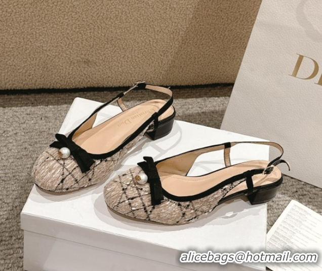 Top Grade Dior Ballet Slingback Pumps 3cm in Cannage Tweed with Pearl Bow Beige/Black 0822023