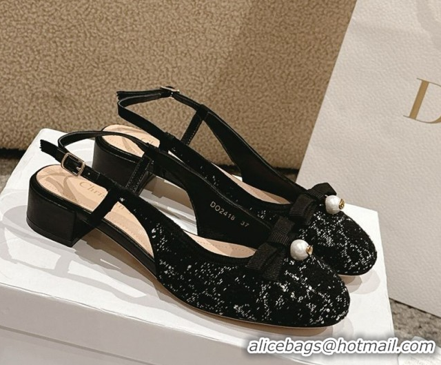 Charming Dior Ballet Slingback Pumps 3cm in Quilted Cannage Tweed with Pearl Bow Black 0822024