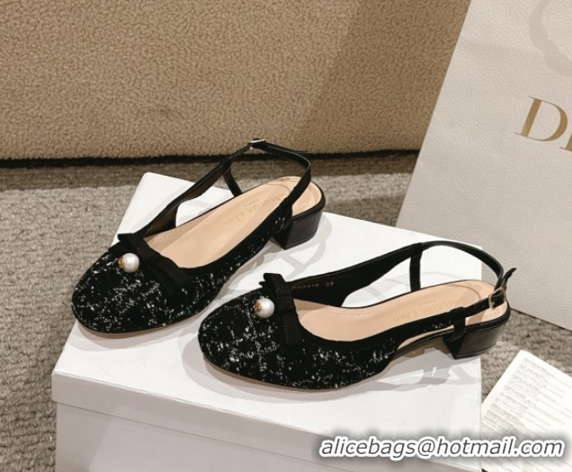 Charming Dior Ballet Slingback Pumps 3cm in Quilted Cannage Tweed with Pearl Bow Black 0822024