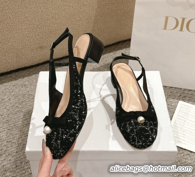 Charming Dior Ballet Slingback Pumps 3cm in Quilted Cannage Tweed with Pearl Bow Black 0822024