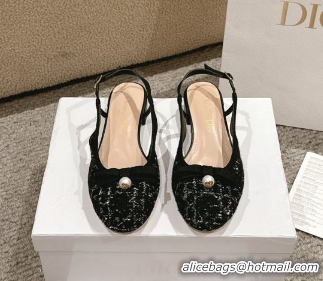 Charming Dior Ballet Slingback Pumps 3cm in Quilted Cannage Tweed with Pearl Bow Black 0822024