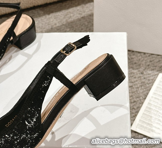 Charming Dior Ballet Slingback Pumps 3cm in Quilted Cannage Tweed with Pearl Bow Black 0822024