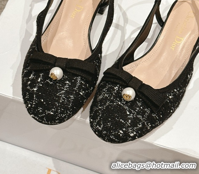 Charming Dior Ballet Slingback Pumps 3cm in Quilted Cannage Tweed with Pearl Bow Black 0822024