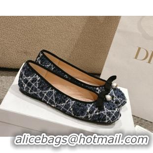 Best Product Dior Ballet Flats in Quilted Cannage Tweed with Pearl Bow Blue 0822025