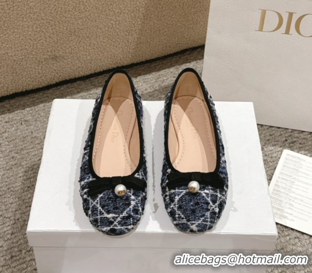 Best Product Dior Ballet Flats in Quilted Cannage Tweed with Pearl Bow Blue 0822025