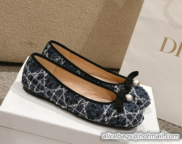 Best Product Dior Ballet Flats in Quilted Cannage Tweed with Pearl Bow Blue 0822025