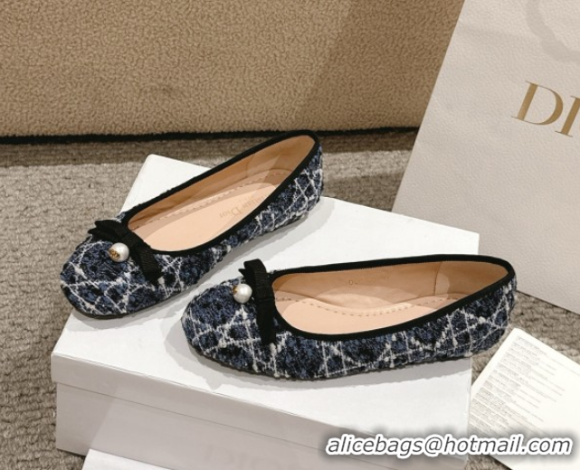 Best Product Dior Ballet Flats in Quilted Cannage Tweed with Pearl Bow Blue 0822025