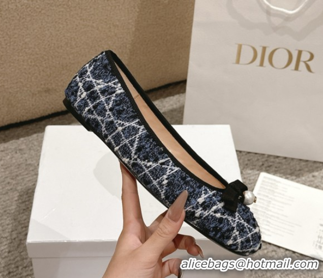 Best Product Dior Ballet Flats in Quilted Cannage Tweed with Pearl Bow Blue 0822025