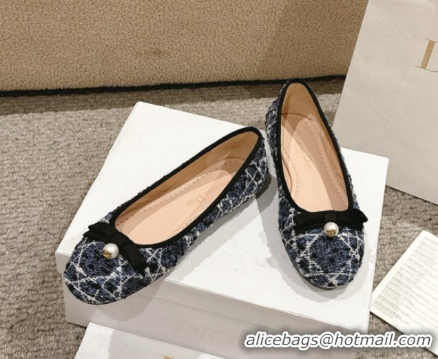 Best Product Dior Ballet Flats in Quilted Cannage Tweed with Pearl Bow Blue 0822025