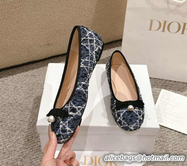 Best Product Dior Ballet Flats in Quilted Cannage Tweed with Pearl Bow Blue 0822025