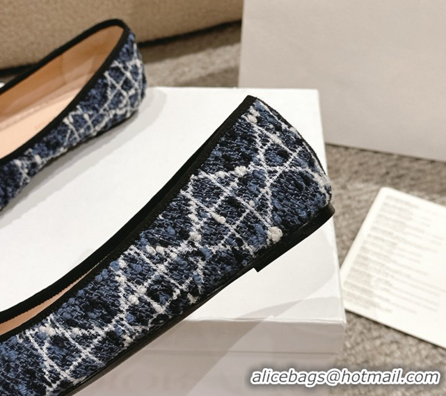 Best Product Dior Ballet Flats in Quilted Cannage Tweed with Pearl Bow Blue 0822025