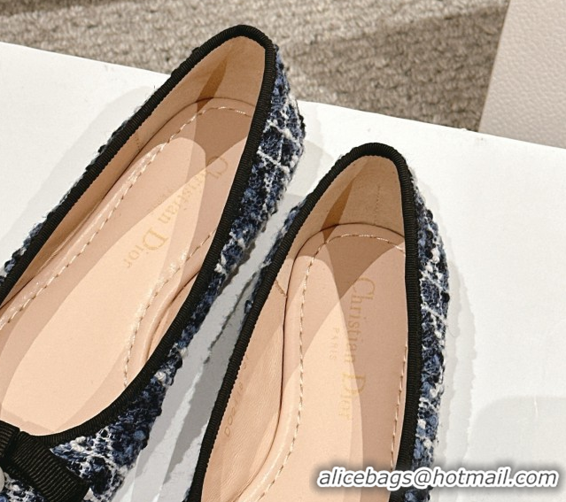 Best Product Dior Ballet Flats in Quilted Cannage Tweed with Pearl Bow Blue 0822025