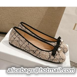 Sumptuous Dior Ballet Flats in Quilted Cannage Tweed with Pearl Bow Beige 0822026