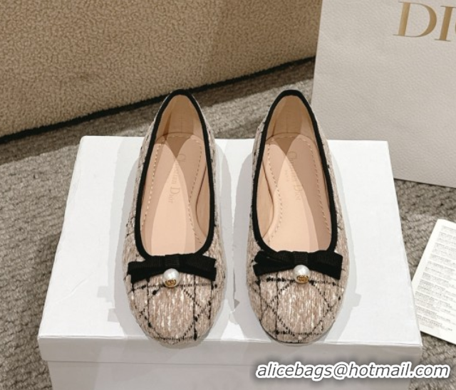 Sumptuous Dior Ballet Flats in Quilted Cannage Tweed with Pearl Bow Beige 0822026
