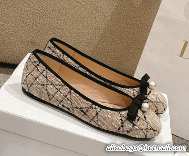 Sumptuous Dior Ballet Flats in Quilted Cannage Tweed with Pearl Bow Beige 0822026