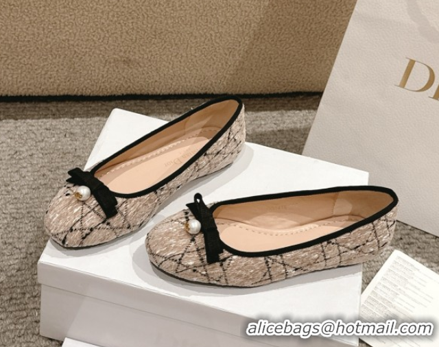 Sumptuous Dior Ballet Flats in Quilted Cannage Tweed with Pearl Bow Beige 0822026