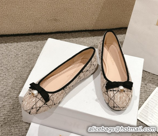 Sumptuous Dior Ballet Flats in Quilted Cannage Tweed with Pearl Bow Beige 0822026