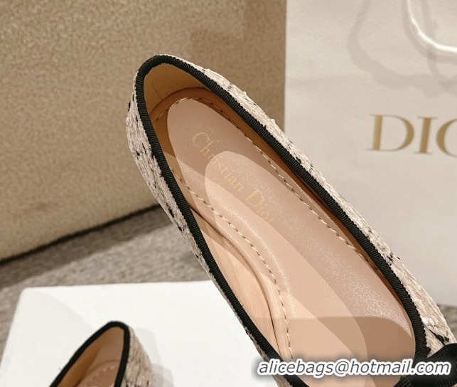 Sumptuous Dior Ballet Flats in Quilted Cannage Tweed with Pearl Bow Beige 0822026