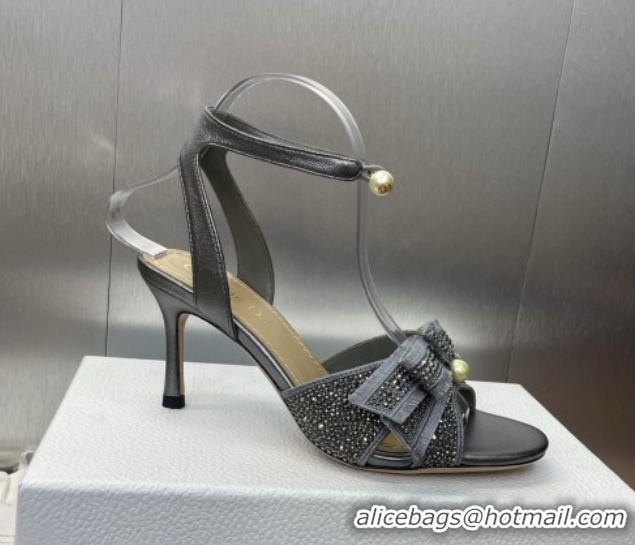 Stylish Dior Or Adiorable Heeled Sandals 7cm in Embroidered Cotton and Lambskin with Strass, Pearls and Bow Grey 0822027