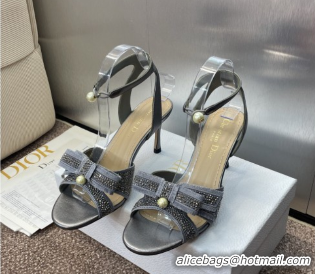 Stylish Dior Or Adiorable Heeled Sandals 7cm in Embroidered Cotton and Lambskin with Strass, Pearls and Bow Grey 0822027