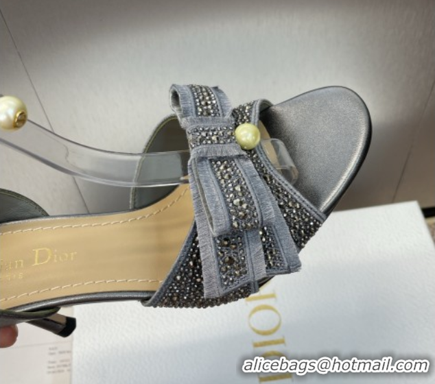 Stylish Dior Or Adiorable Heeled Sandals 7cm in Embroidered Cotton and Lambskin with Strass, Pearls and Bow Grey 0822027