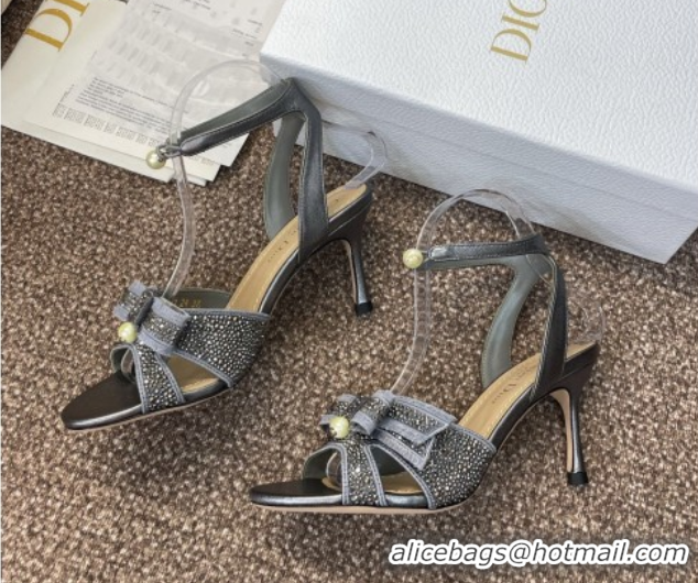 Stylish Dior Or Adiorable Heeled Sandals 7cm in Embroidered Cotton and Lambskin with Strass, Pearls and Bow Grey 0822027