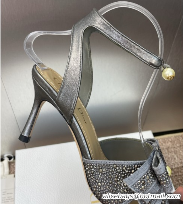 Stylish Dior Or Adiorable Heeled Sandals 7cm in Embroidered Cotton and Lambskin with Strass, Pearls and Bow Grey 0822027