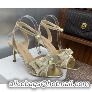 Popular Style Dior Or Adiorable Heeled Sandals 7cm in Embroidered Cotton and Lambskin with Strass, Pearls and Bow Gold 0