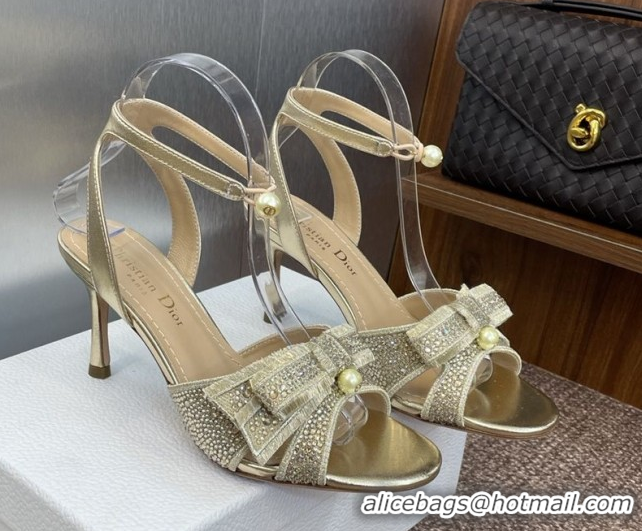 Popular Style Dior Or Adiorable Heeled Sandals 7cm in Embroidered Cotton and Lambskin with Strass, Pearls and Bow Gold 0