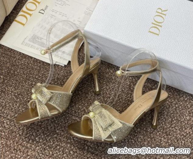 Popular Style Dior Or Adiorable Heeled Sandals 7cm in Embroidered Cotton and Lambskin with Strass, Pearls and Bow Gold 0