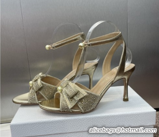 Popular Style Dior Or Adiorable Heeled Sandals 7cm in Embroidered Cotton and Lambskin with Strass, Pearls and Bow Gold 0