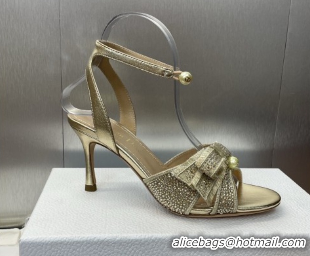 Popular Style Dior Or Adiorable Heeled Sandals 7cm in Embroidered Cotton and Lambskin with Strass, Pearls and Bow Gold 0