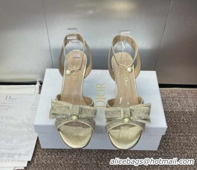 Popular Style Dior Or Adiorable Heeled Sandals 7cm in Embroidered Cotton and Lambskin with Strass, Pearls and Bow Gold 0