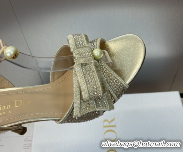 Popular Style Dior Or Adiorable Heeled Sandals 7cm in Embroidered Cotton and Lambskin with Strass, Pearls and Bow Gold 0