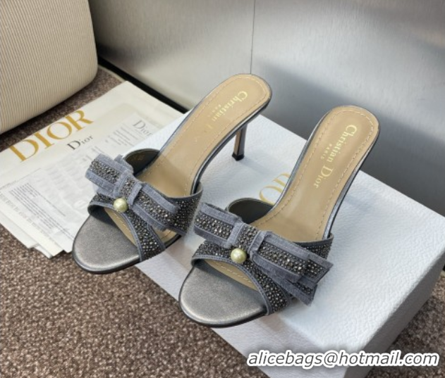 Perfect Dior Or Adiorable Heeled Slides Sandal 7cm in Embroidered Cotton and Lambskin with Strass, Pearls and Bow Grey 0