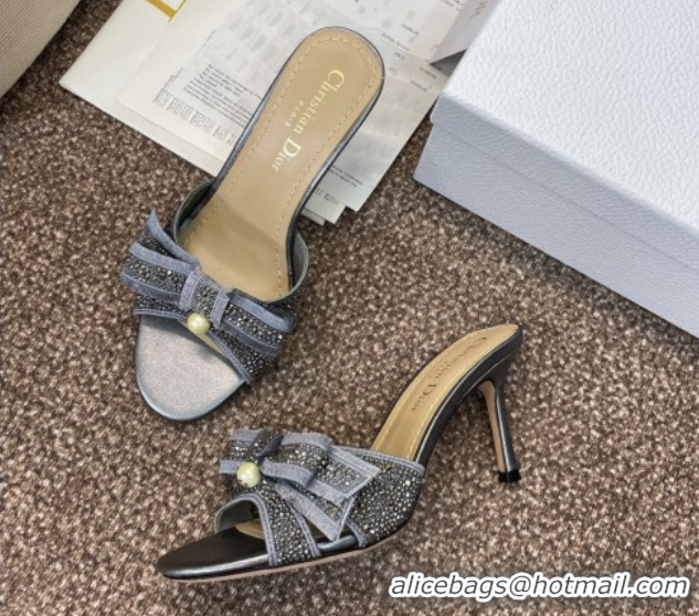 Perfect Dior Or Adiorable Heeled Slides Sandal 7cm in Embroidered Cotton and Lambskin with Strass, Pearls and Bow Grey 0