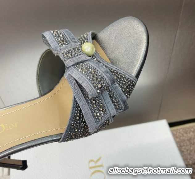 Perfect Dior Or Adiorable Heeled Slides Sandal 7cm in Embroidered Cotton and Lambskin with Strass, Pearls and Bow Grey 0
