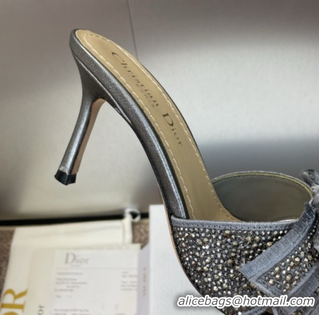 Perfect Dior Or Adiorable Heeled Slides Sandal 7cm in Embroidered Cotton and Lambskin with Strass, Pearls and Bow Grey 0
