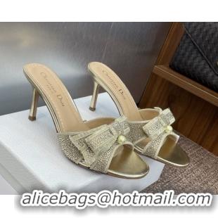 Generous Dior Or Adiorable Heeled Slides Sandal 7cm in Embroidered Cotton and Lambskin with Strass, Pearls and Bow Gold 