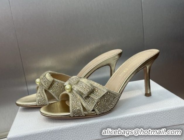 Generous Dior Or Adiorable Heeled Slides Sandal 7cm in Embroidered Cotton and Lambskin with Strass, Pearls and Bow Gold 