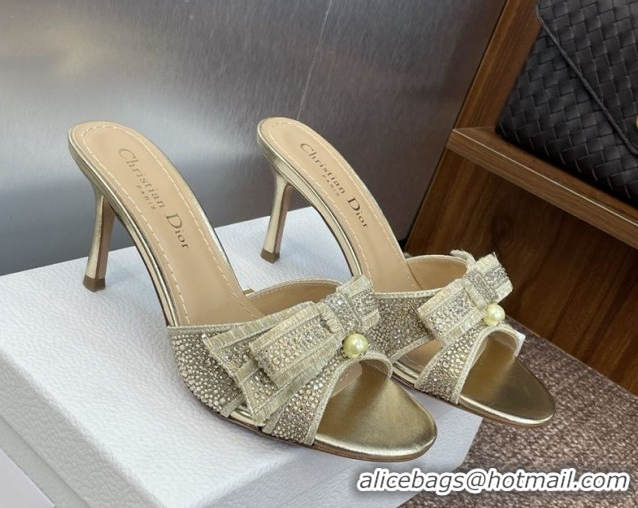 Generous Dior Or Adiorable Heeled Slides Sandal 7cm in Embroidered Cotton and Lambskin with Strass, Pearls and Bow Gold 