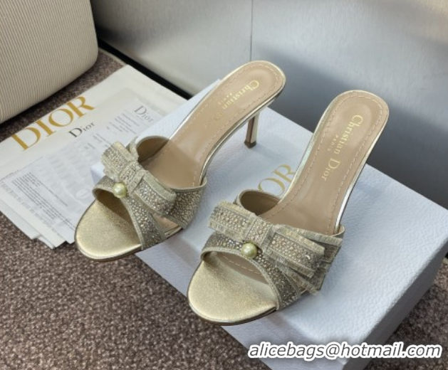 Generous Dior Or Adiorable Heeled Slides Sandal 7cm in Embroidered Cotton and Lambskin with Strass, Pearls and Bow Gold 