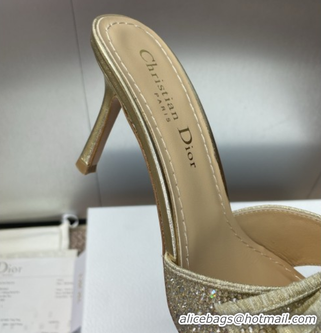 Generous Dior Or Adiorable Heeled Slides Sandal 7cm in Embroidered Cotton and Lambskin with Strass, Pearls and Bow Gold 