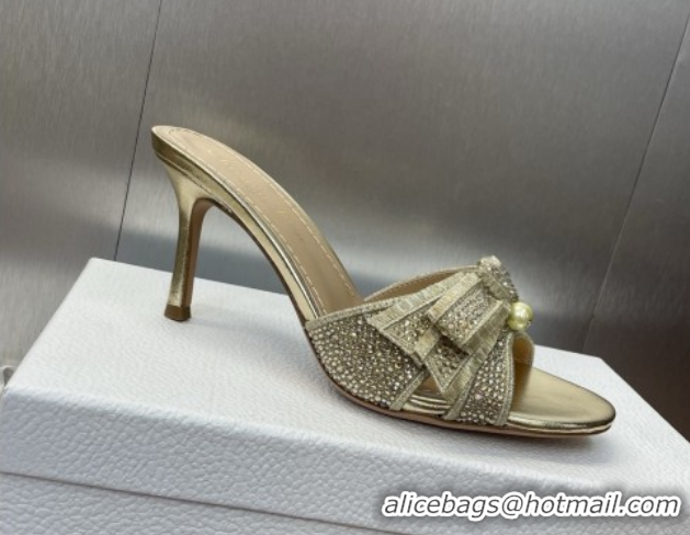 Generous Dior Or Adiorable Heeled Slides Sandal 7cm in Embroidered Cotton and Lambskin with Strass, Pearls and Bow Gold 