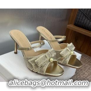 Good Quality Dior Adiorable Heeled Strap Slides Sandal 7cm in Embroidered Cotton and Lambskin with Strass, Pearls and Bo